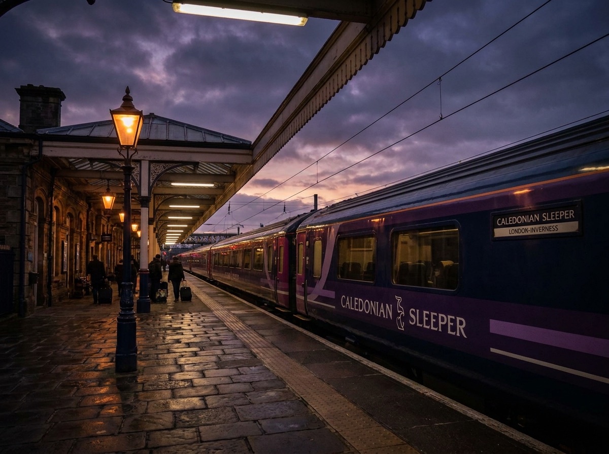 Caledonian Sleeper train at a platform at dusk