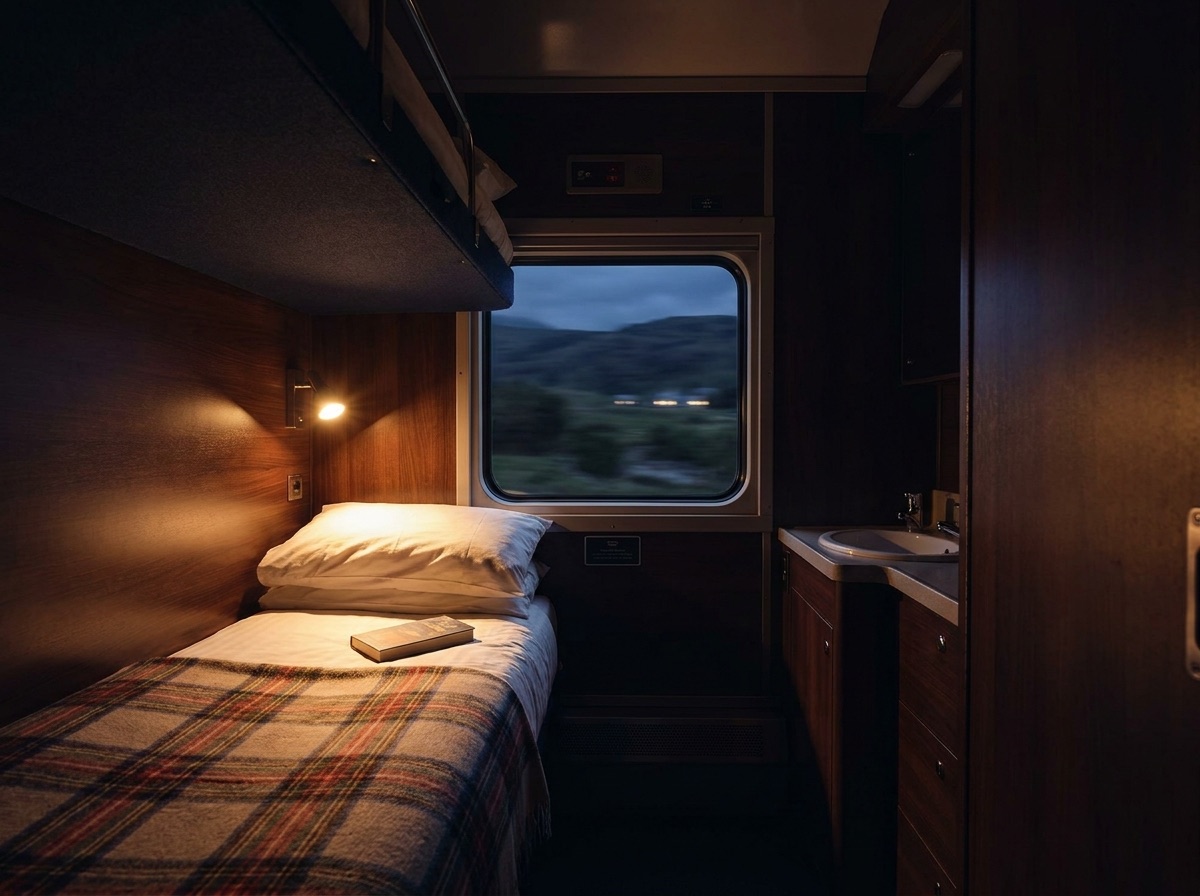 Caledonian Sleeper cabin interior at night