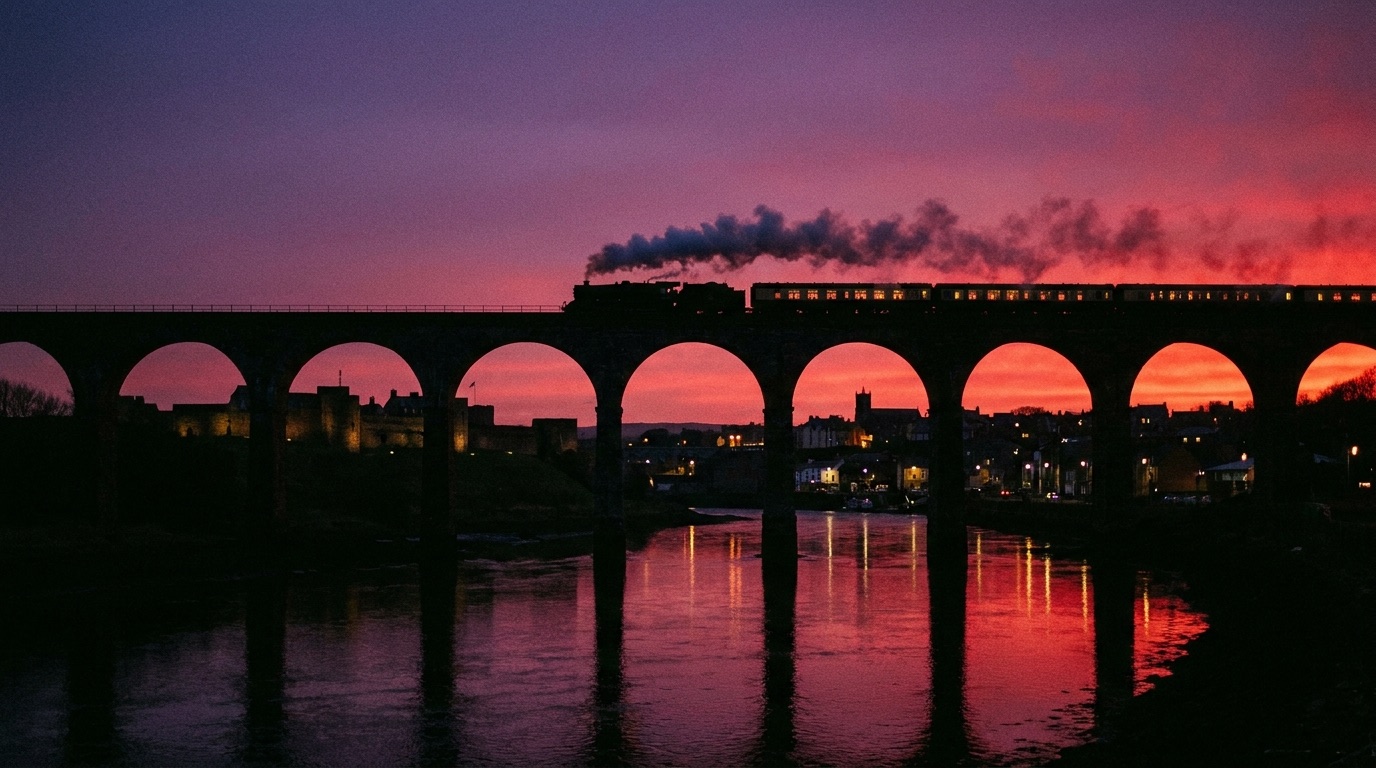 Train crossing the Royal Border Bridge at dusk