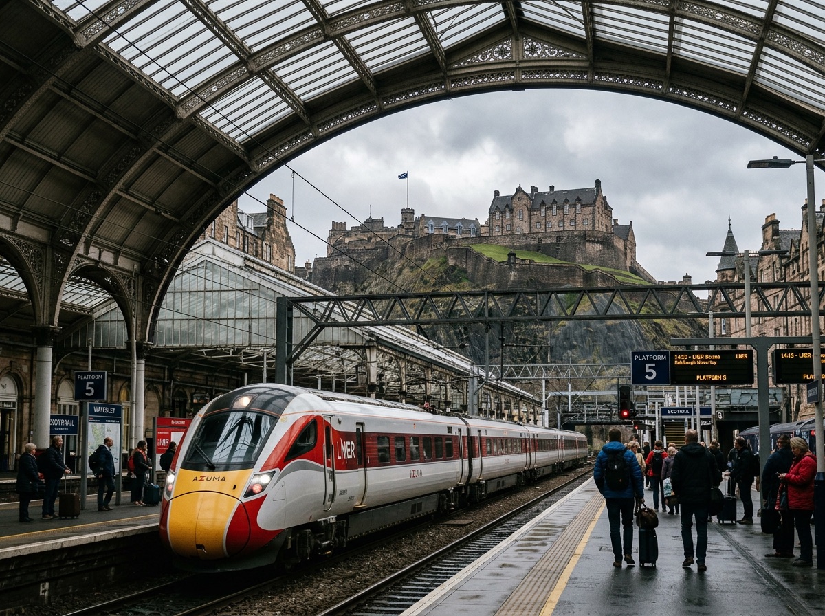 LNER Azuma train at Edinburgh Waverley station with Edinburgh Castle on the skyline