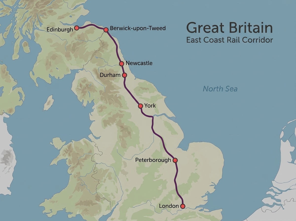 Illustrated map of the East Coast Main Line from Edinburgh to London via Berwick-upon-Tweed, Newcastle, Durham, York and Peterborough