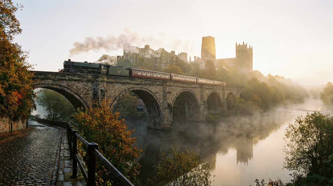 Train crossing the Durham Viaduct with Durham Cathedral and Castle behind it