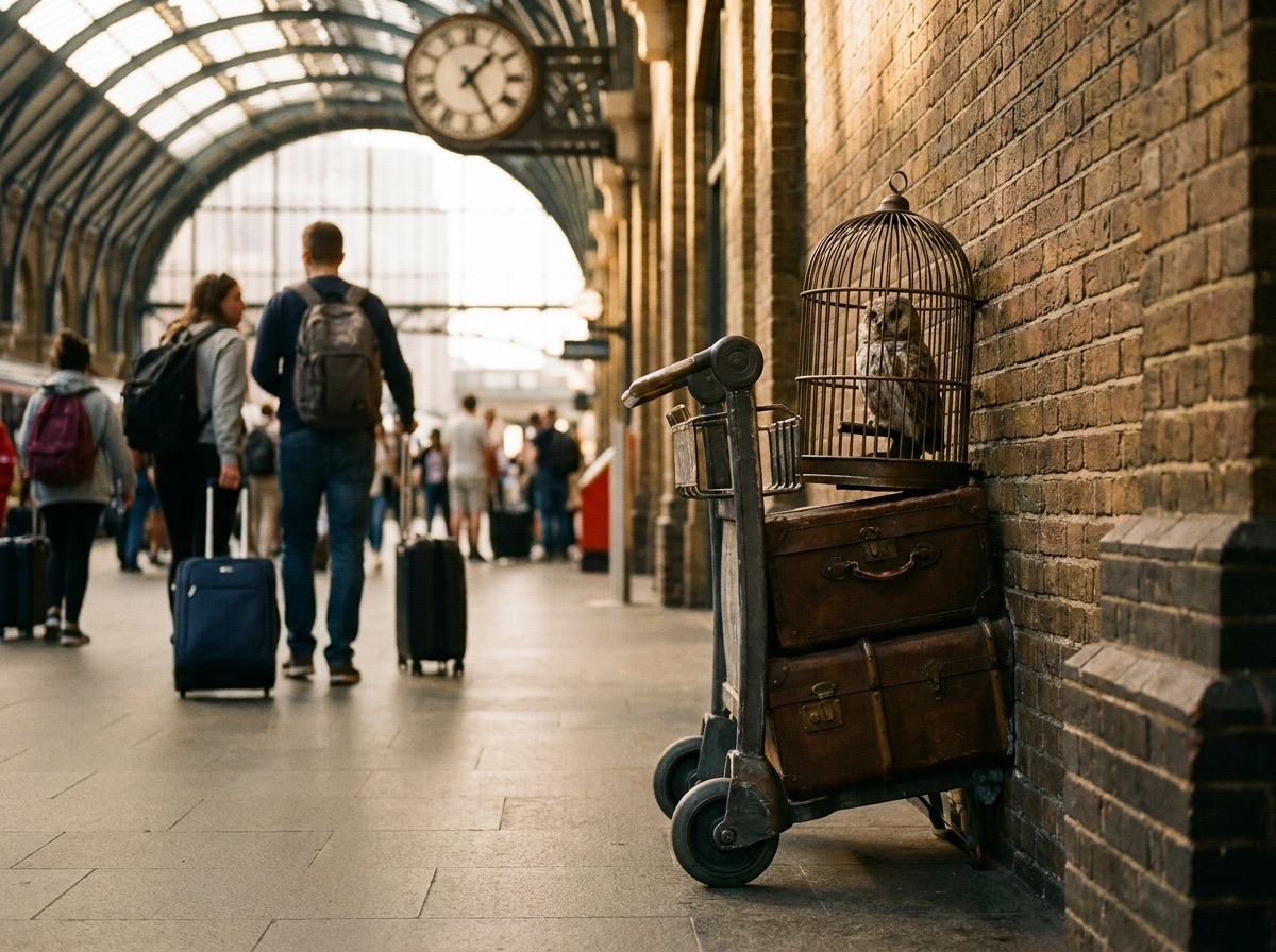 Half-vanished luggage trolley sculpture built into a station wall